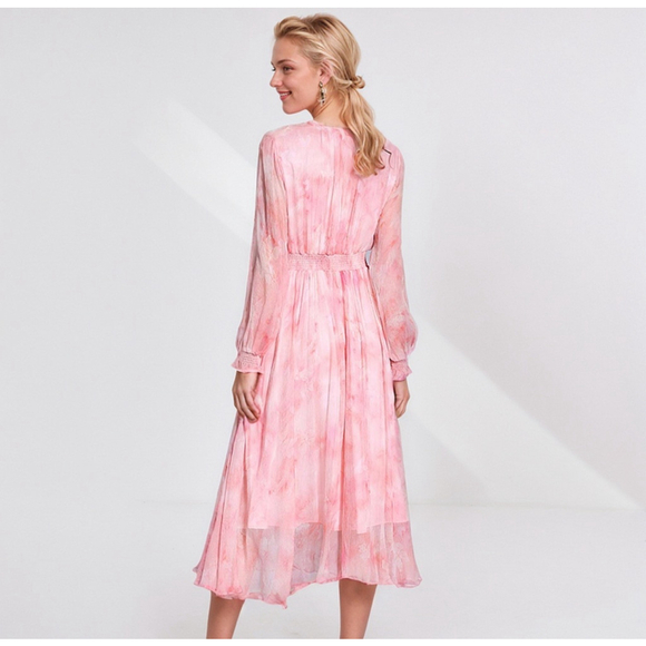 Romantic Silk Midi Dress Long Sleeve For Vacation M NWT 100% silk MSRP $399 - Picture 2 of 5